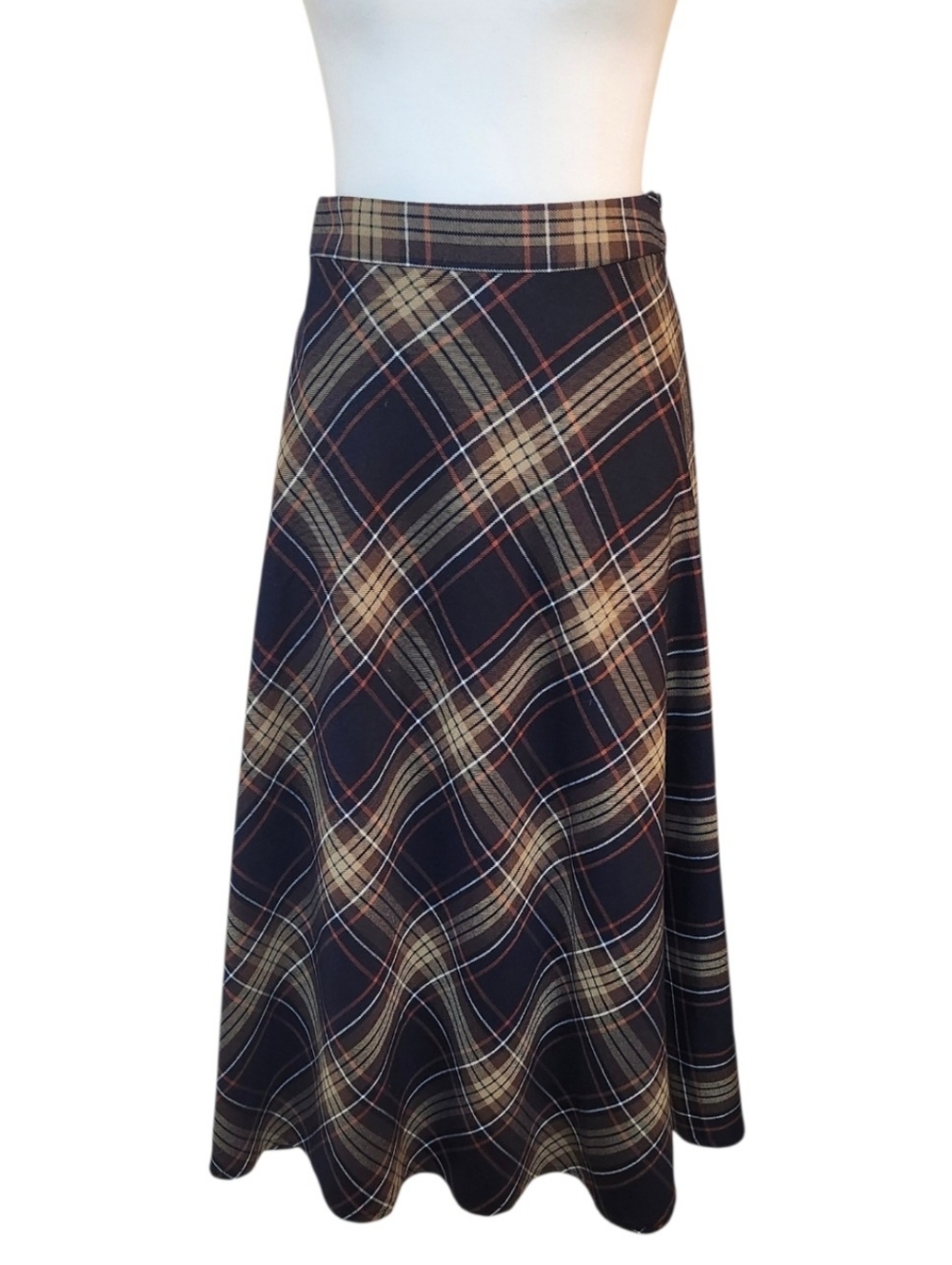 Cleo Plaid A-Line Midi Skirt in Black, Brown, Cream